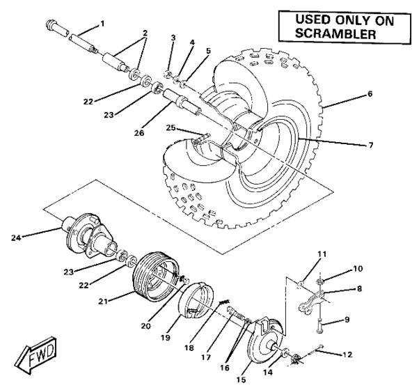 Front wheel and brake assembly.