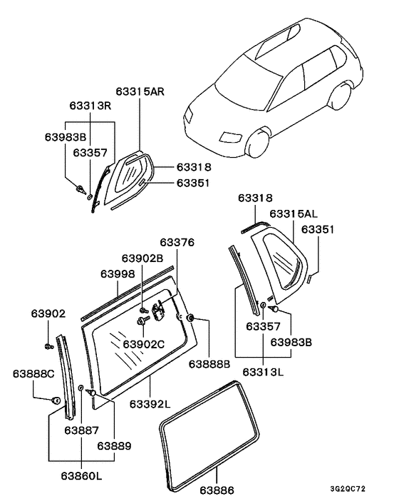 Qtr window glass & moulding