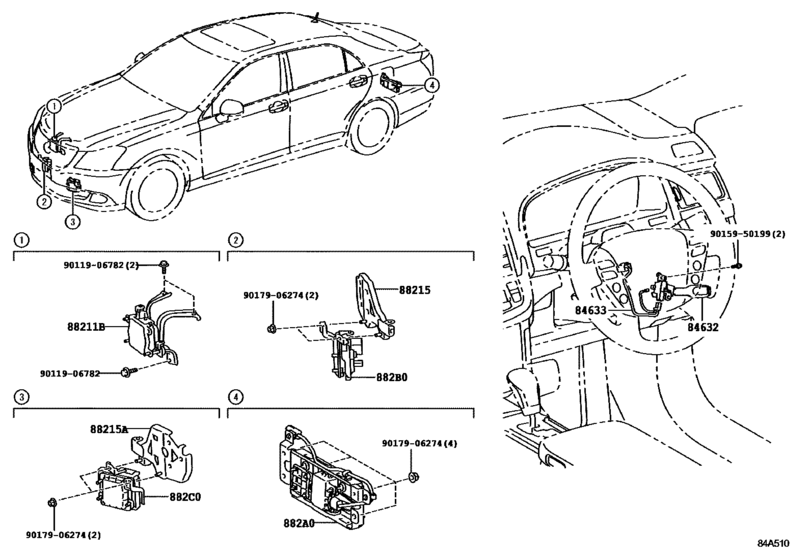 Оригинальный каталог запчастей тойота. Схема круиз контроля Краун Маджеста. Toyota 88210-30010. 88211b sensor ASSY, millimeter Wave Radar. 882a0-30010.