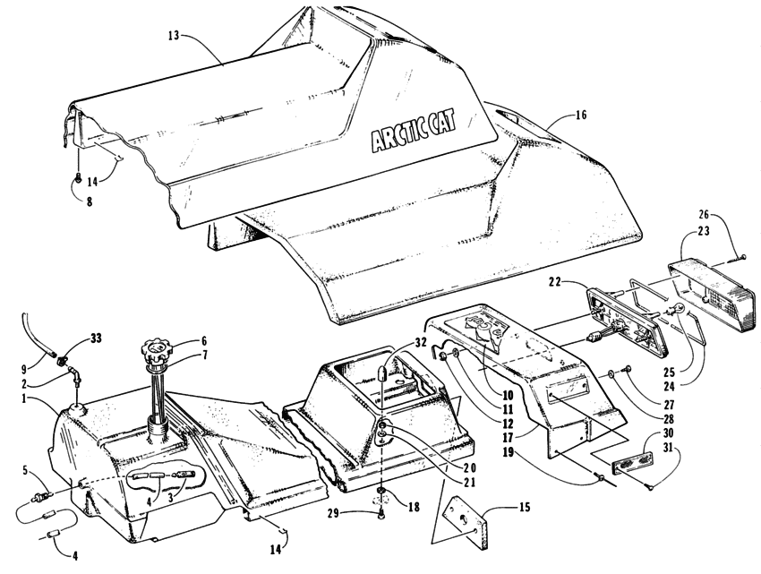 Gas tank, seat, and taillight assemblies