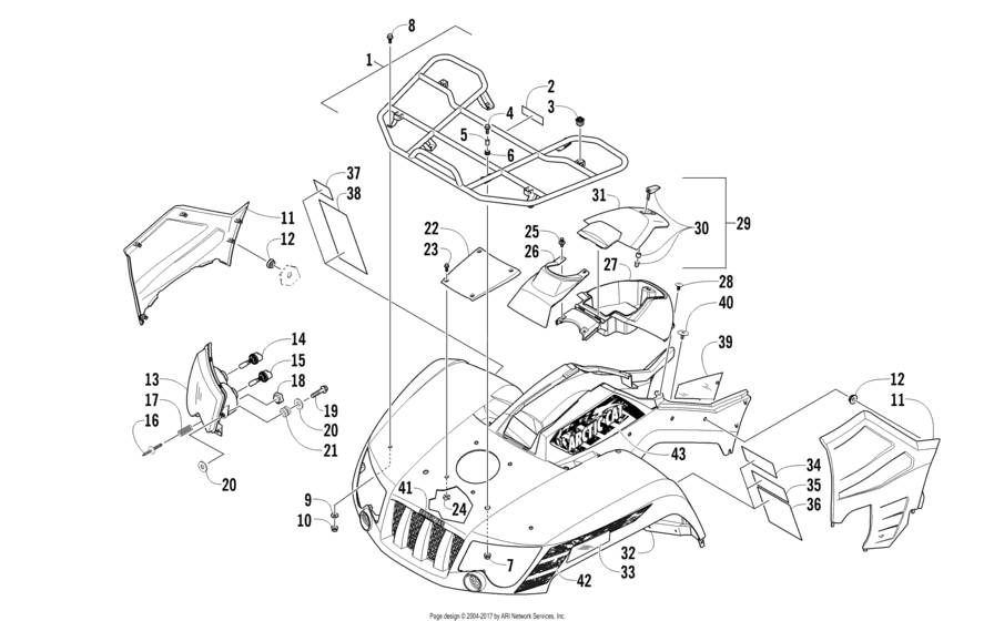 Front Rack, Body Panel, And Headlight Assemblies