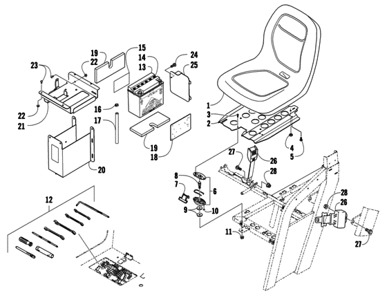Seat, battery, and tool kit assembly