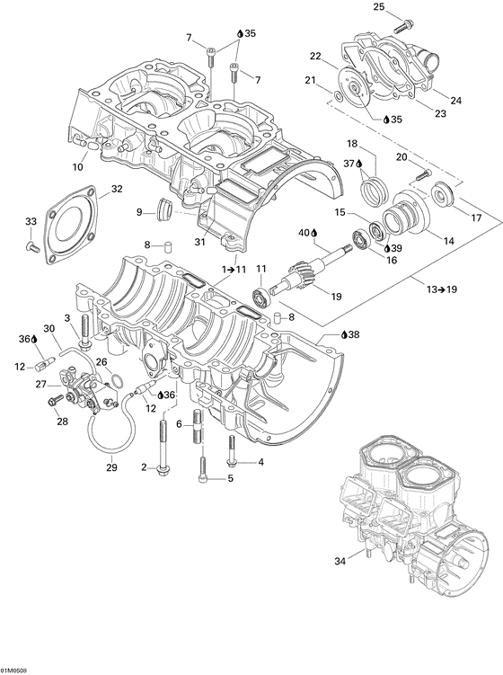 01- crankcase, water pump and oil pump