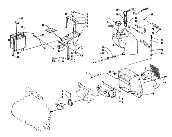 Battery, air silencer, and oil tank