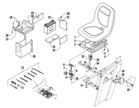 Seat, battery, and tool kit assembly