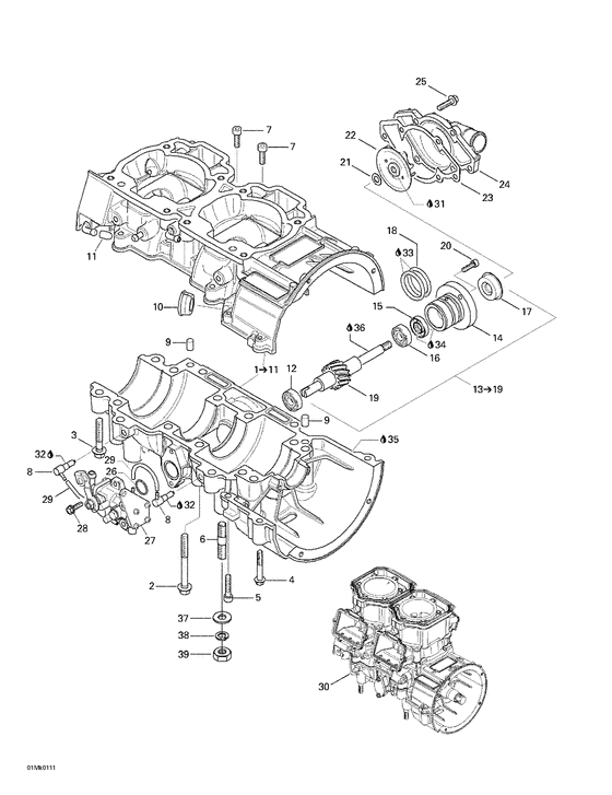 01- crankcase, water pump and oil pump