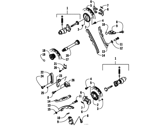Camshafts/tensioner assembly