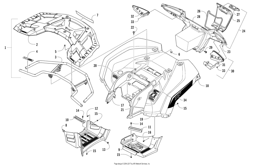 Rear Rack, Body Panel, Footwell, And Taillight Assemblies