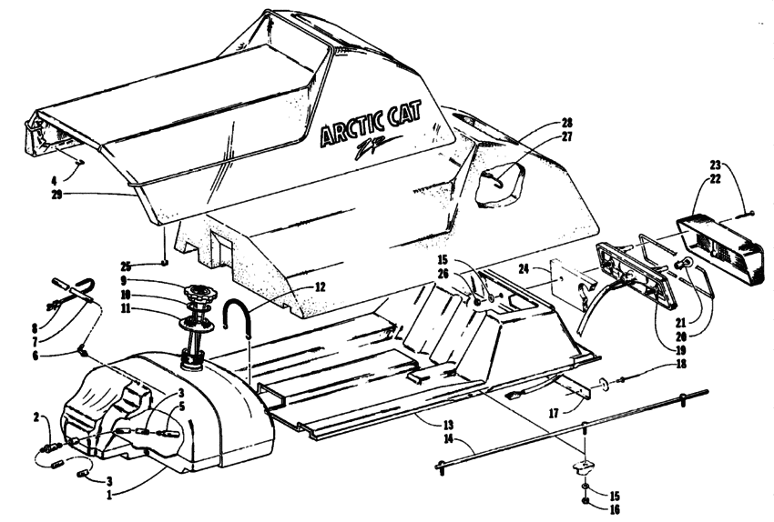 Gas tank, seat, and taillight assemblies