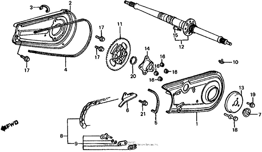 Rear wheel axle + chain case
